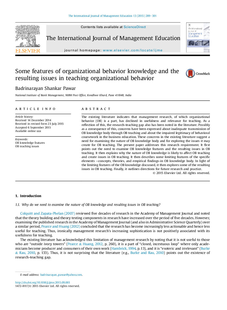 Some features of organizational behavior knowledge and the resulting issues in teaching organizational behavior