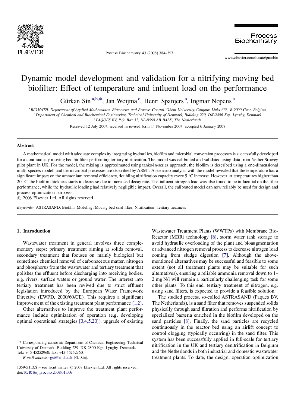 Dynamic model development and validation for a nitrifying moving bed biofilter: Effect of temperature and influent load on the performance