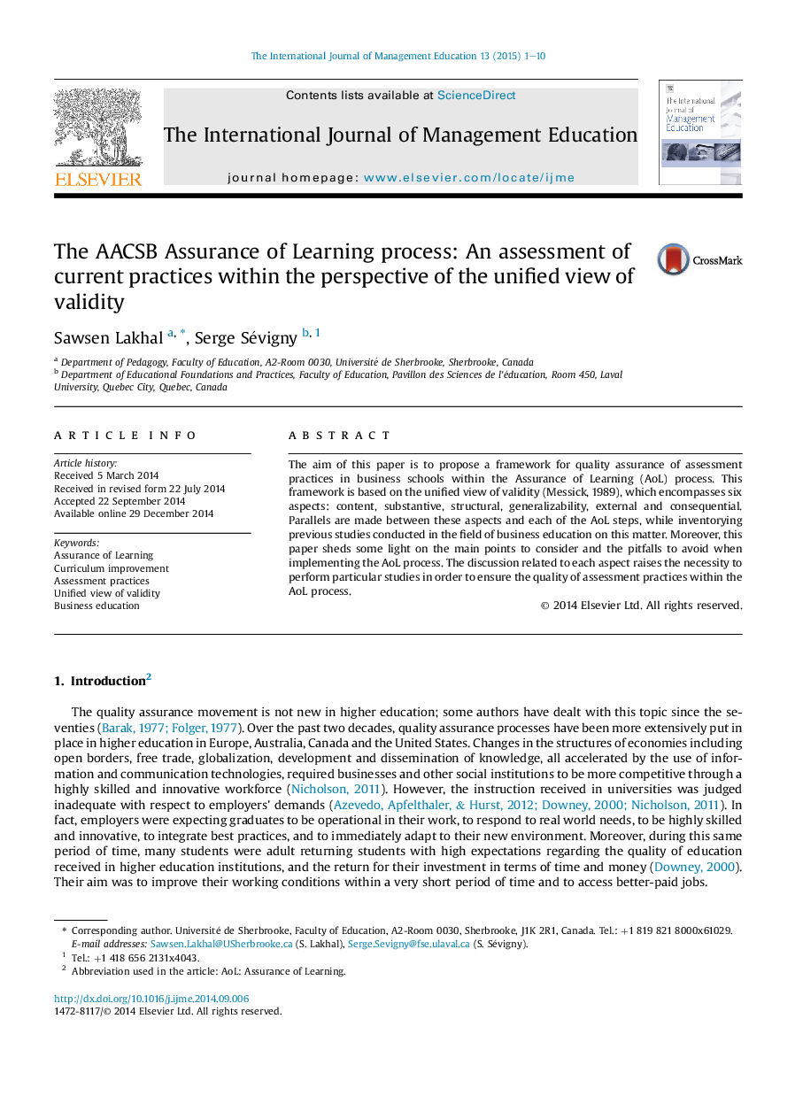 The AACSB Assurance of Learning process: An assessment of current practices within the perspective of the unified view of validity