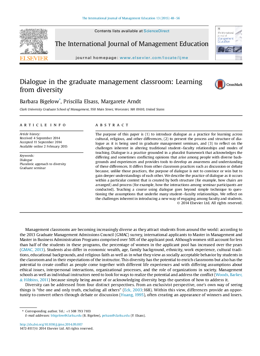 Dialogue in the graduate management classroom: Learning from diversity