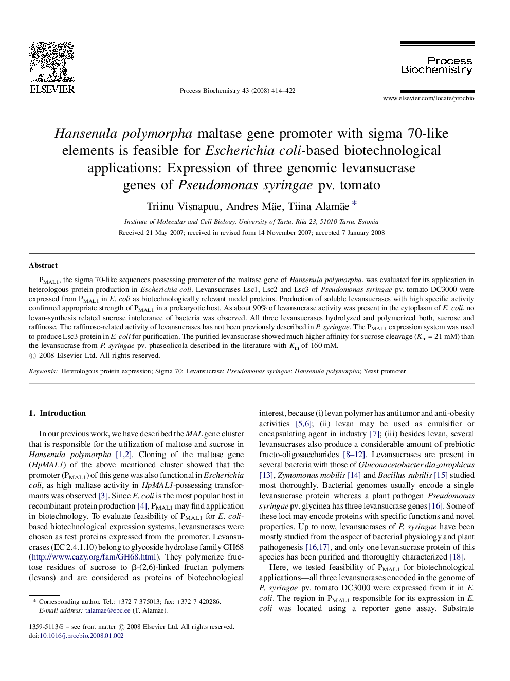 Hansenula polymorpha maltase gene promoter with sigma 70-like elements is feasible for Escherichia coli-based biotechnological applications: Expression of three genomic levansucrase genes of Pseudomonas syringae pv. tomato