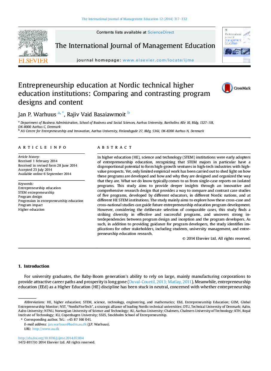 Entrepreneurship education at Nordic technical higher education institutions: Comparing and contrasting program designs and content