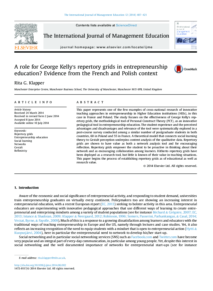 A role for George Kelly's repertory grids in entrepreneurship education? Evidence from the French and Polish context