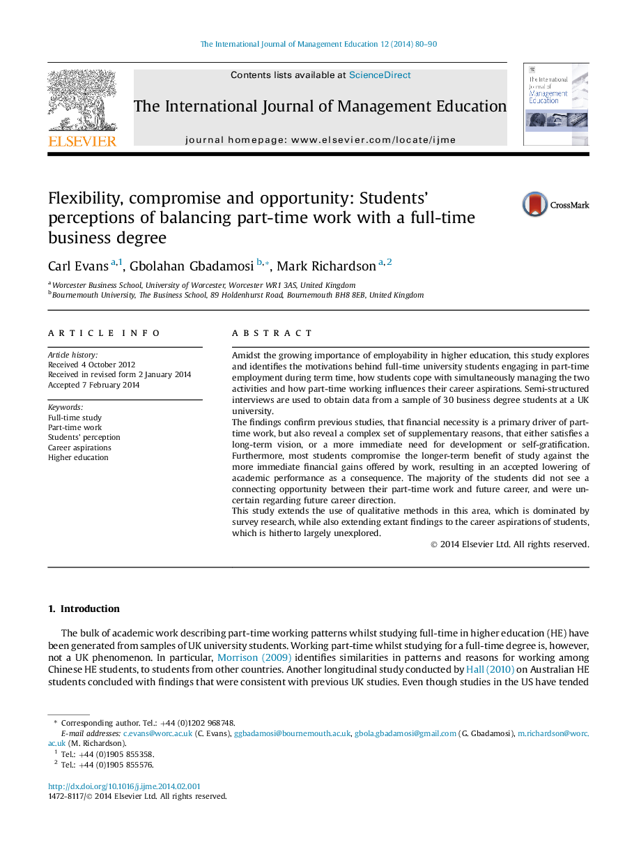 Flexibility, compromise and opportunity: Students' perceptions of balancing part-time work with a full-time business degree