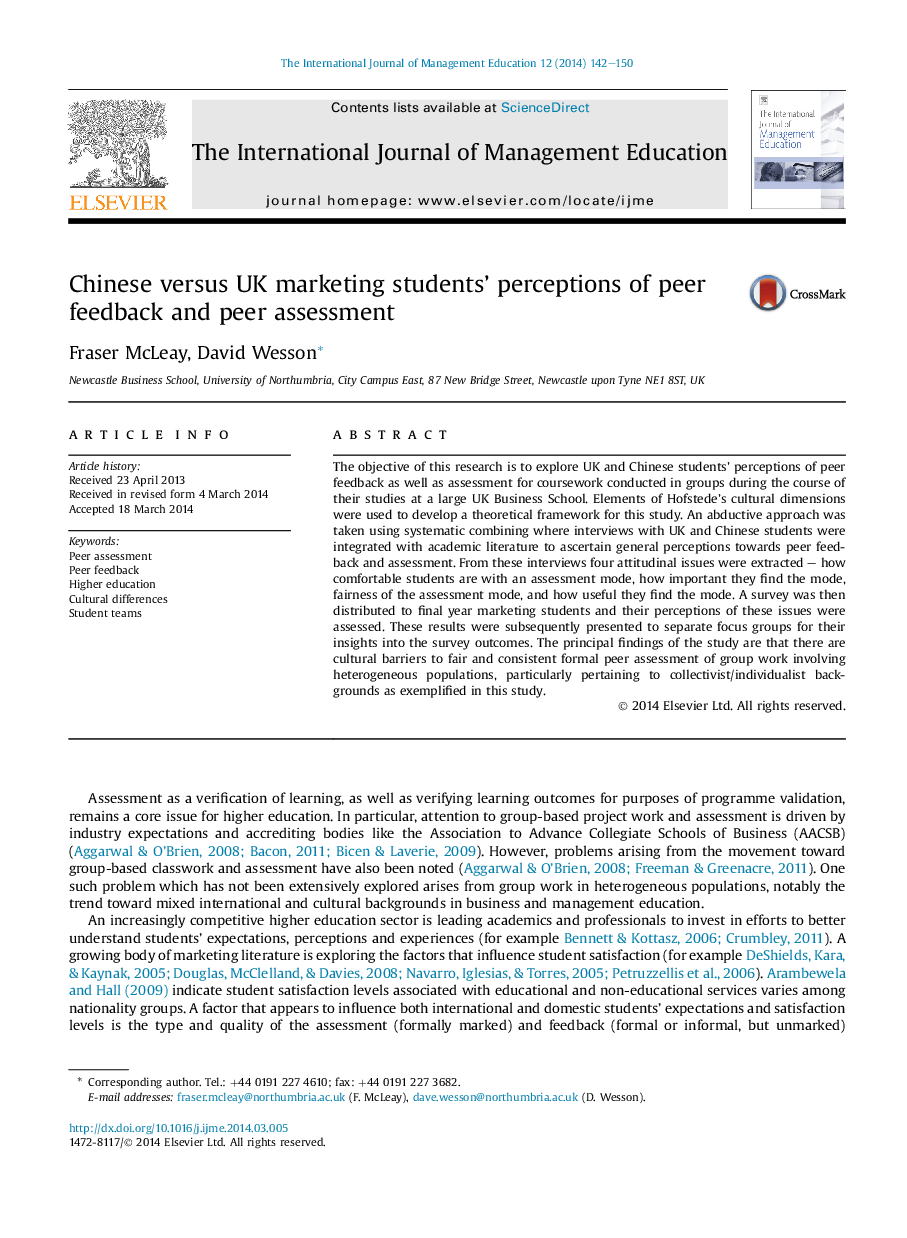 Chinese versus UK marketing students' perceptions of peer feedback and peer assessment