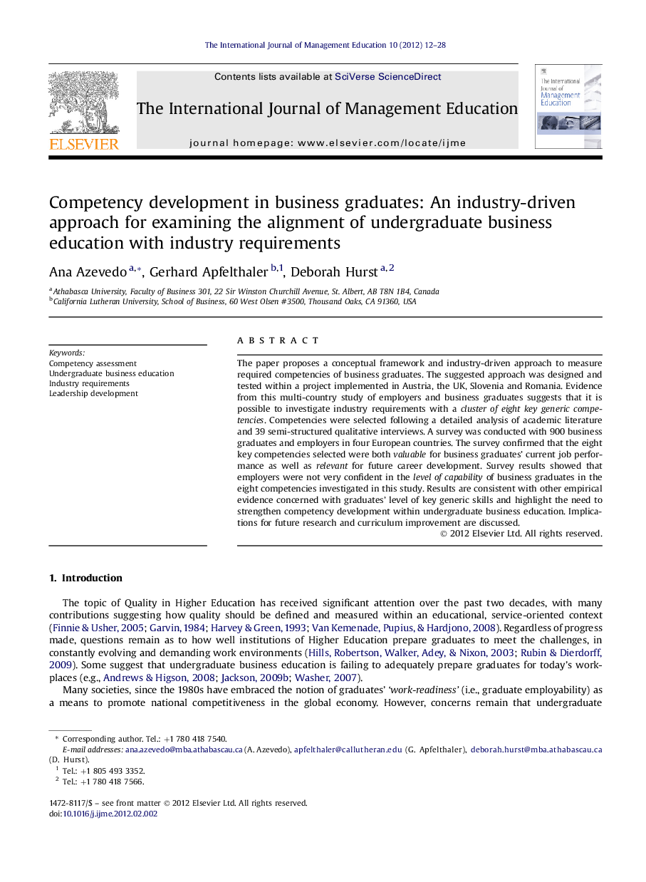 Competency development in business graduates: An industry-driven approach for examining the alignment of undergraduate business education with industry requirements