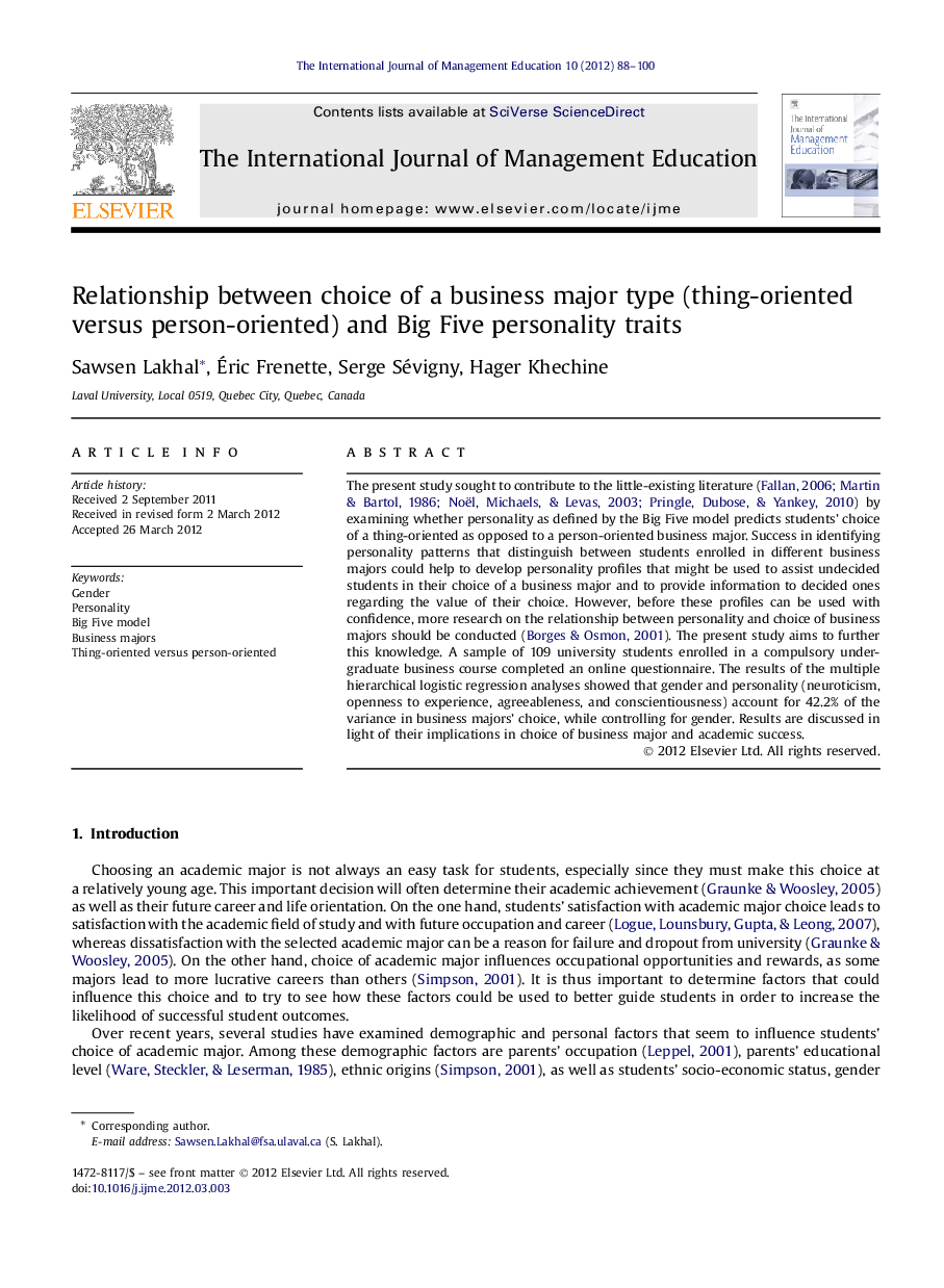 Relationship between choice of a business major type (thing-oriented versus person-oriented) and Big Five personality traits