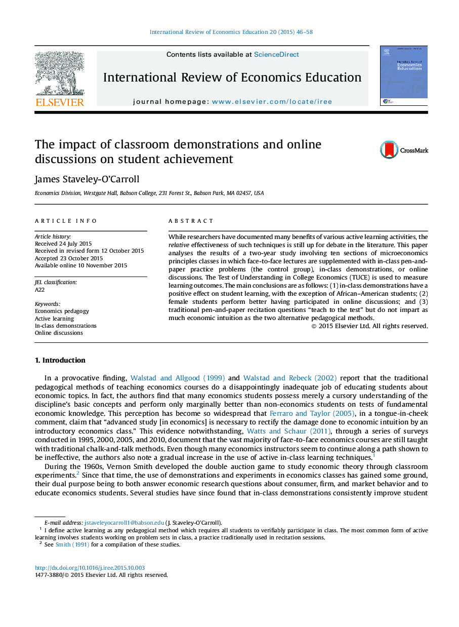 The impact of classroom demonstrations and online discussions on student achievement