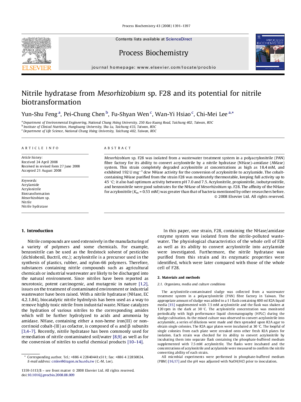 Nitrile hydratase from Mesorhizobium sp. F28 and its potential for nitrile biotransformation