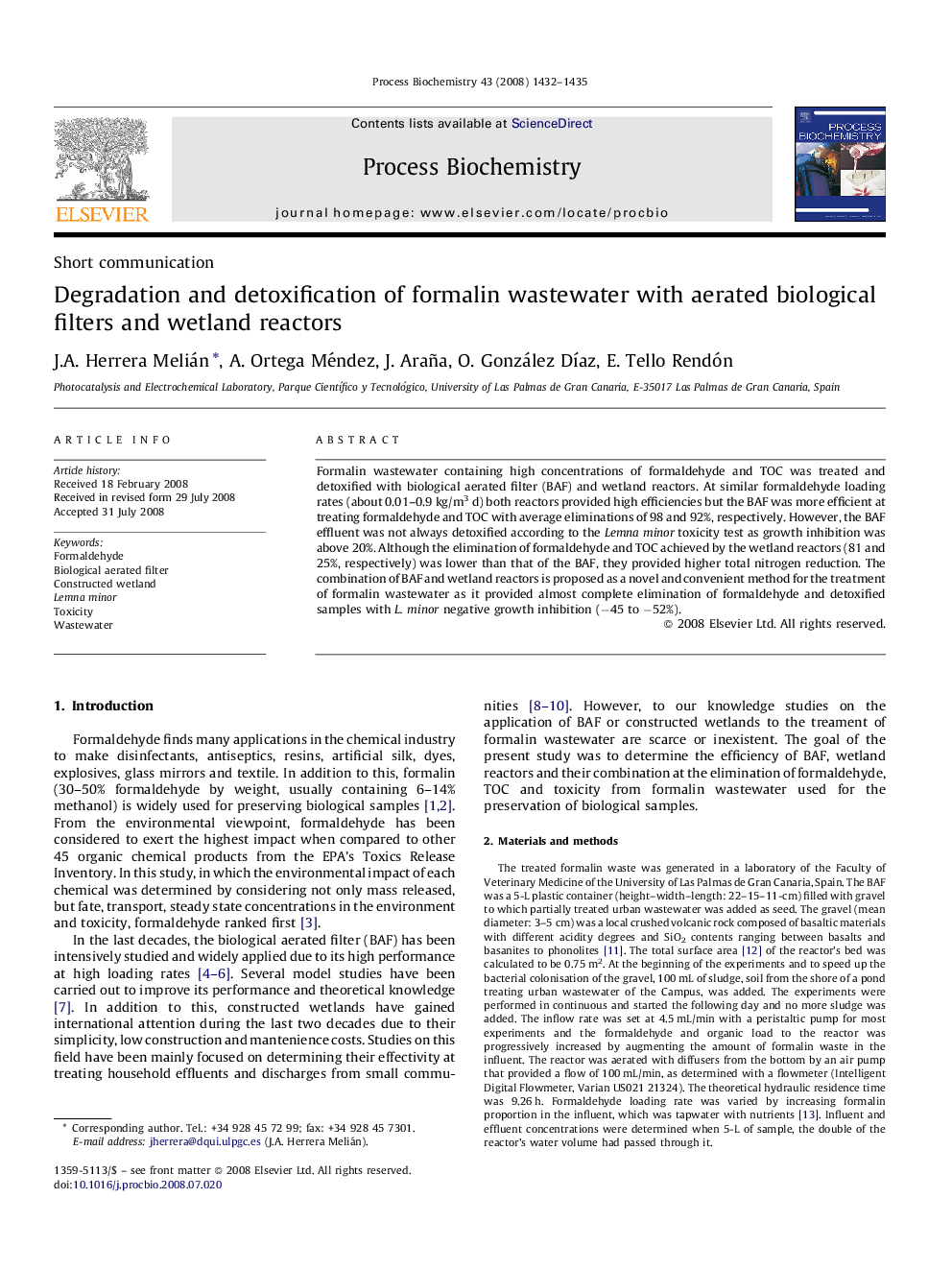 Degradation and detoxification of formalin wastewater with aerated biological filters and wetland reactors