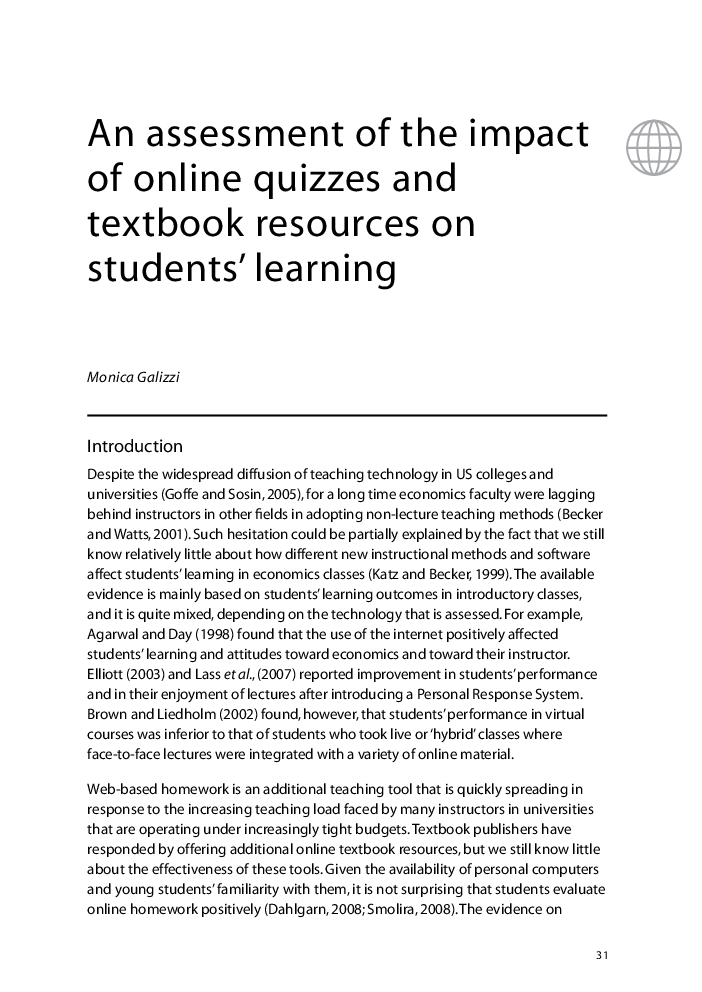 An assessment of the impact of online quizzes and textbook resources on students’ learning