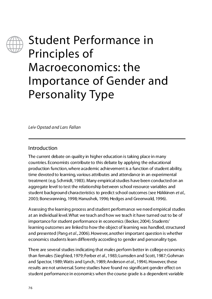 Student Performance in Principles of Macroeconomics: the Importance of Gender and Personality Type