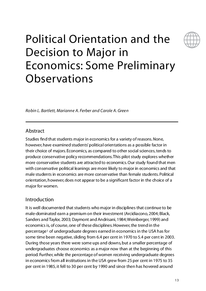 Political Orientation and the Decision to Major in Economics: Some Preliminary Observations
