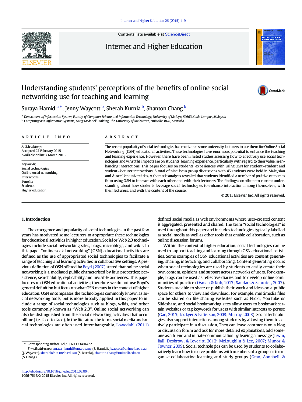 Understanding students' perceptions of the benefits of online social networking use for teaching and learning