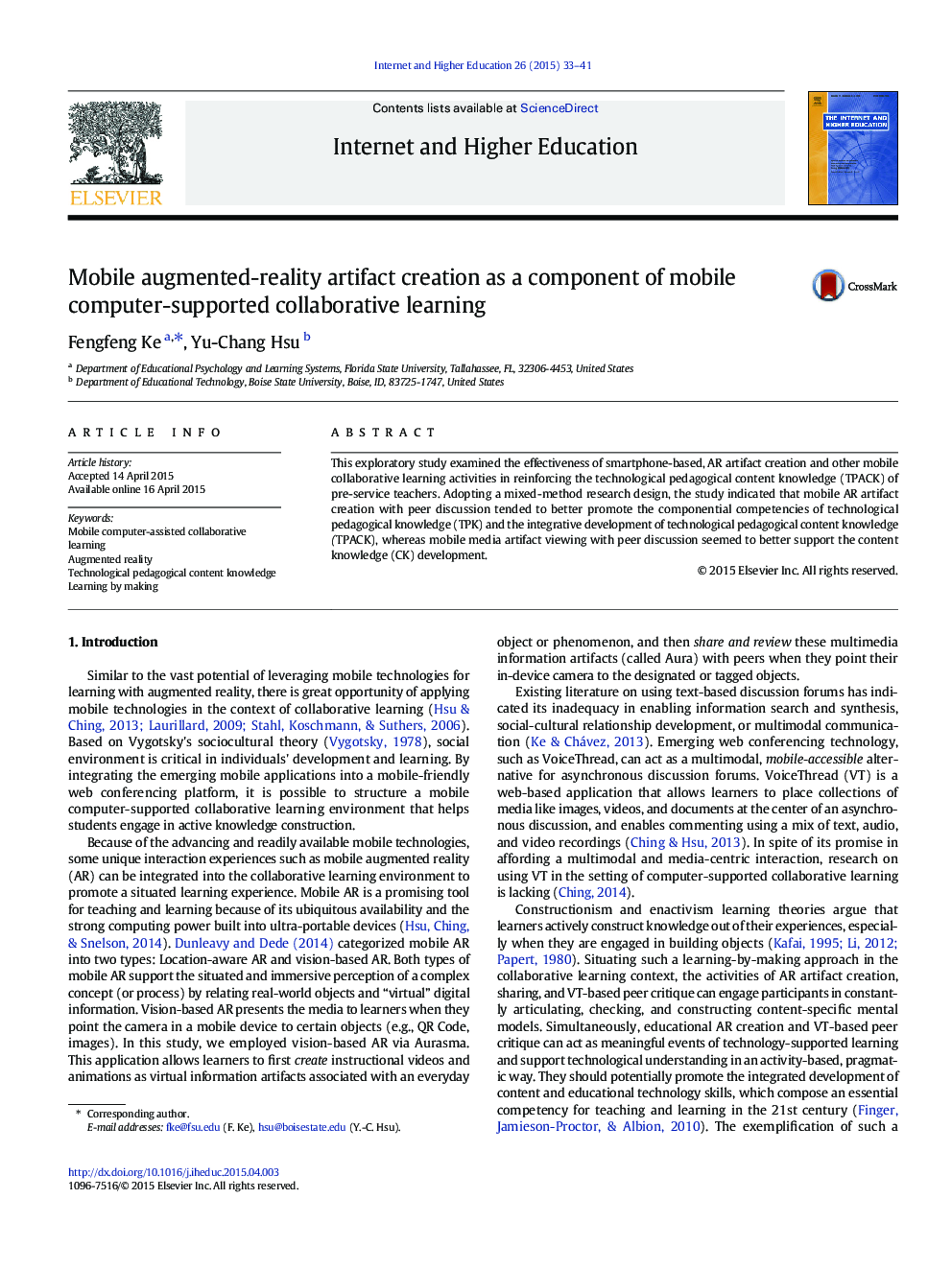 Mobile augmented-reality artifact creation as a component of mobile computer-supported collaborative learning