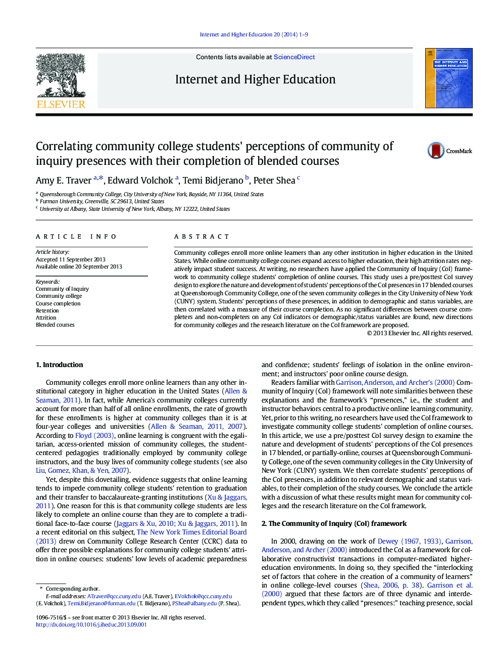 Correlating community college students' perceptions of community of inquiry presences with their completion of blended courses