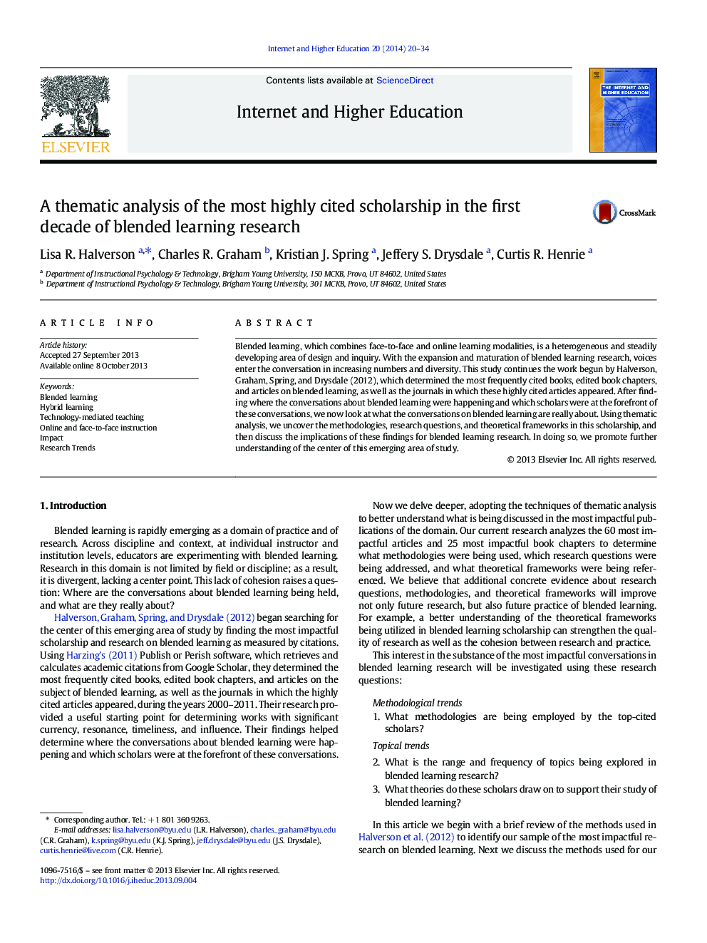 A thematic analysis of the most highly cited scholarship in the first decade of blended learning research