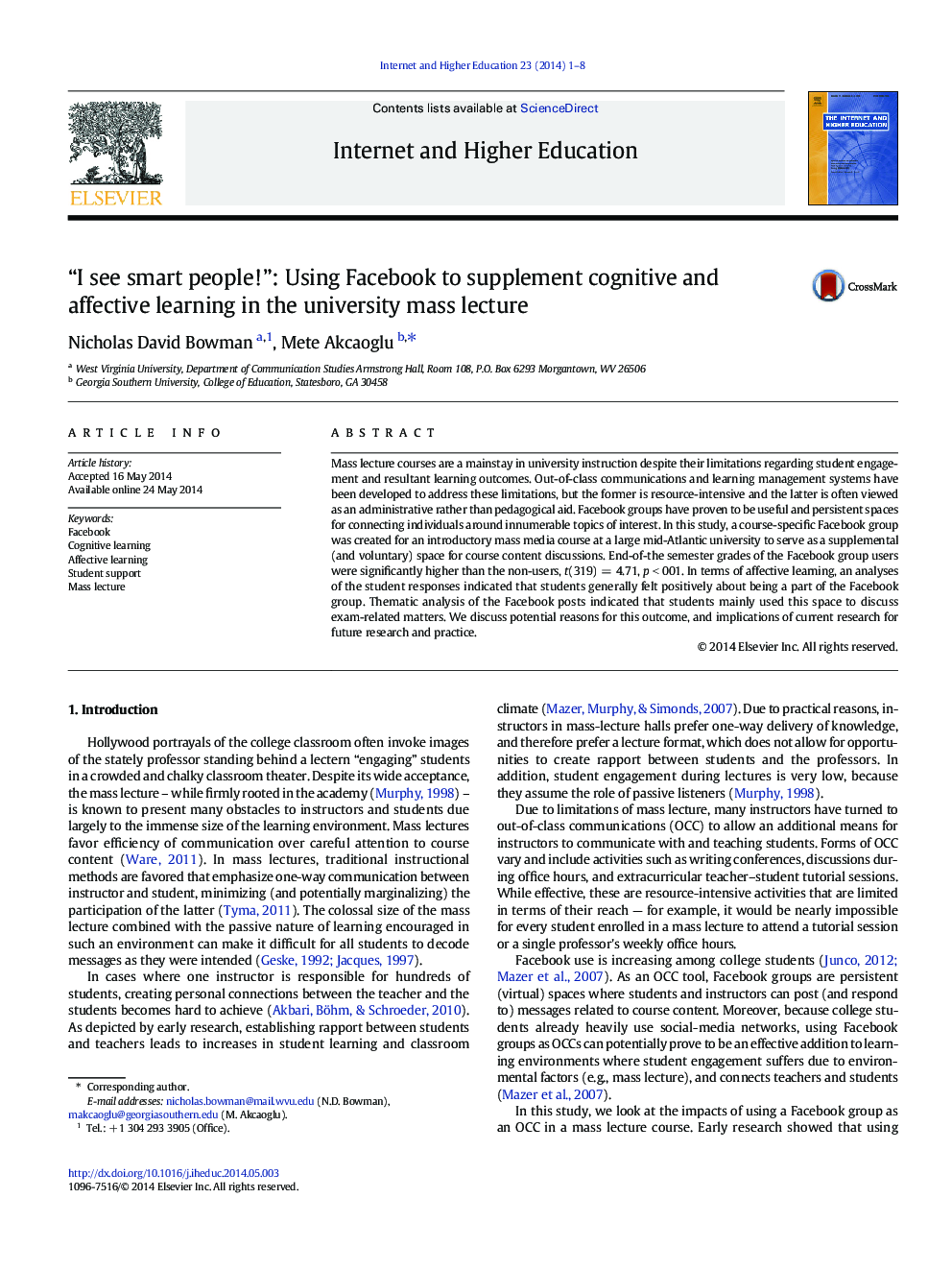 “I see smart people!”: Using Facebook to supplement cognitive and affective learning in the university mass lecture