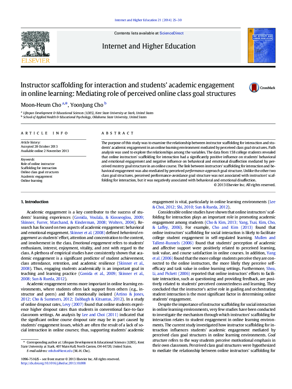 Instructor scaffolding for interaction and students' academic engagement in online learning: Mediating role of perceived online class goal structures