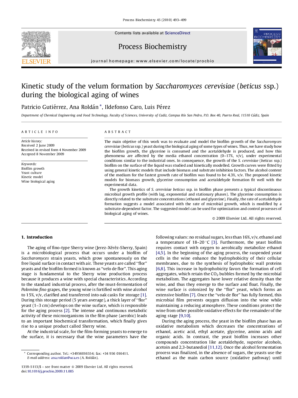 Kinetic study of the velum formation by Saccharomyces cerevisiae (beticus ssp.) during the biological aging of wines