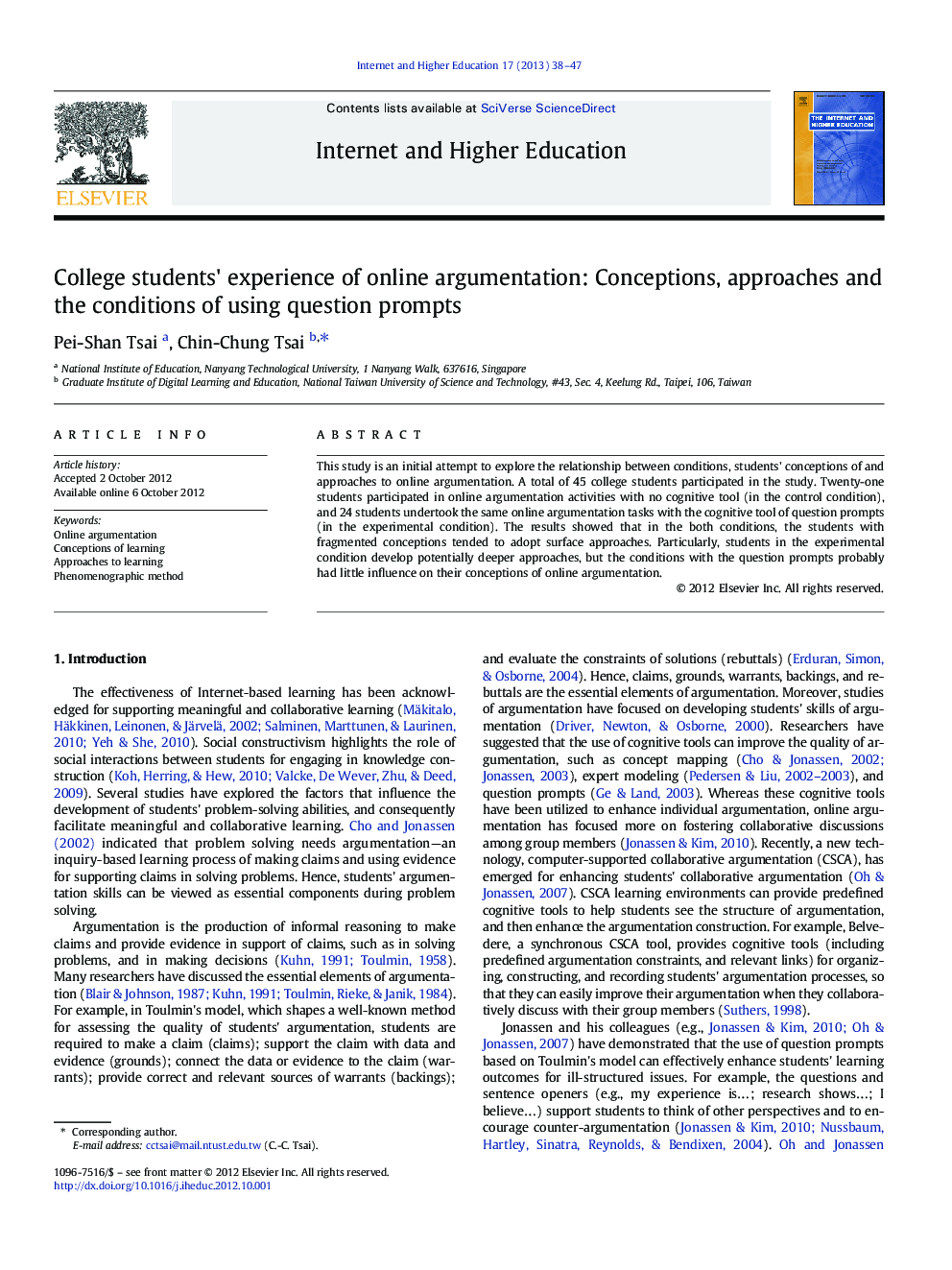 College students' experience of online argumentation: Conceptions, approaches and the conditions of using question prompts