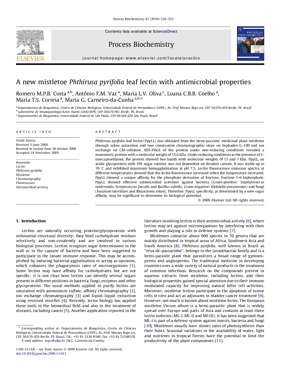 A new mistletoe Phthirusa pyrifolia leaf lectin with antimicrobial properties