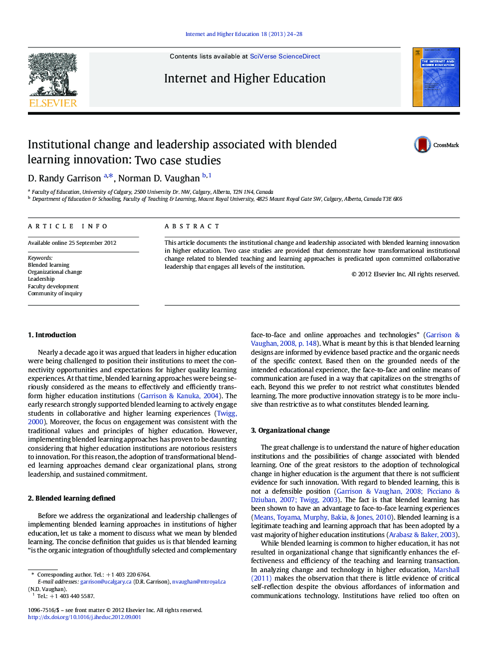 Institutional change and leadership associated with blended learning innovation: Two case studies