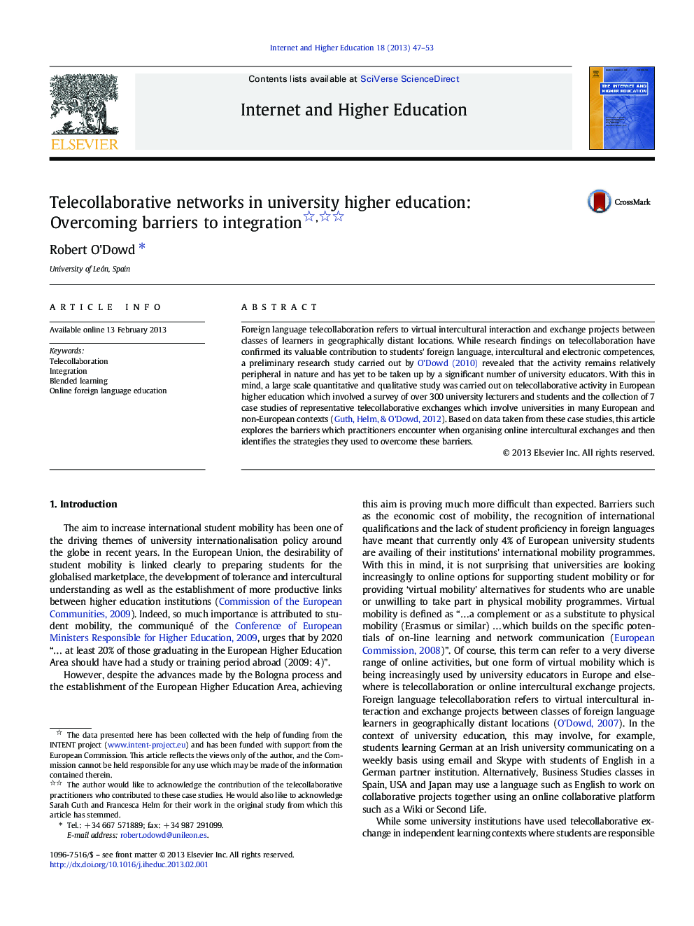 Telecollaborative networks in university higher education: Overcoming barriers to integration 