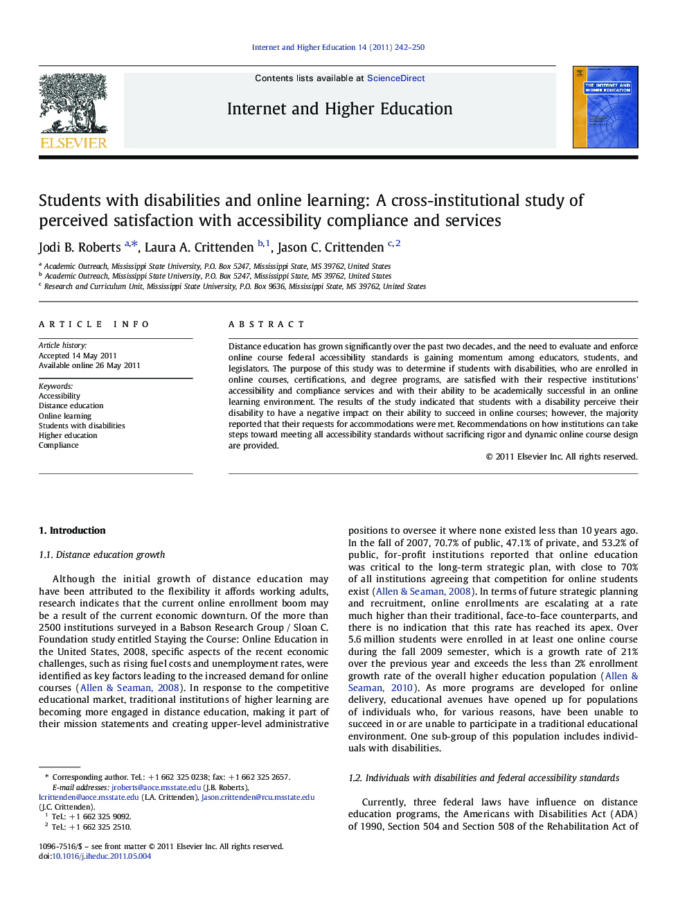 Students with disabilities and online learning: A cross-institutional study of perceived satisfaction with accessibility compliance and services