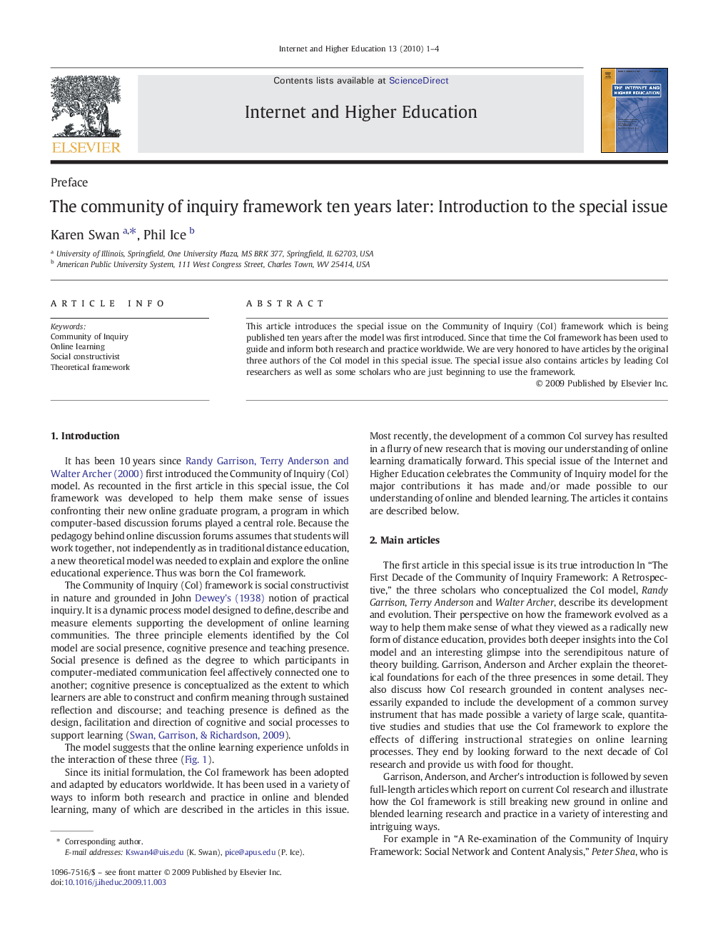 The community of inquiry framework ten years later: Introduction to the special issue