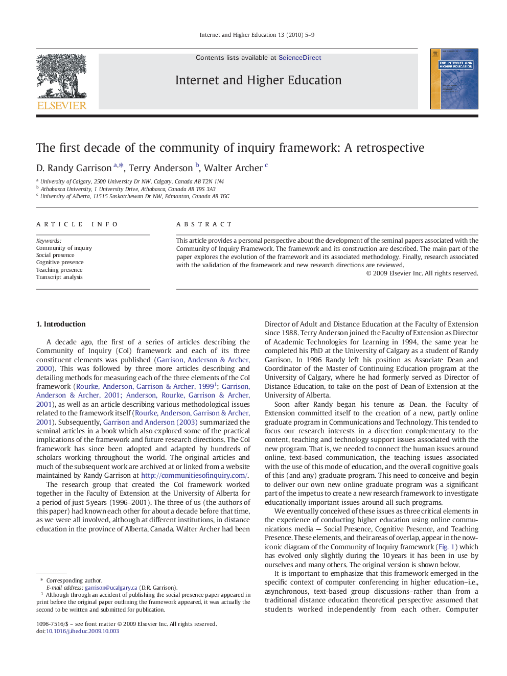 The first decade of the community of inquiry framework: A retrospective