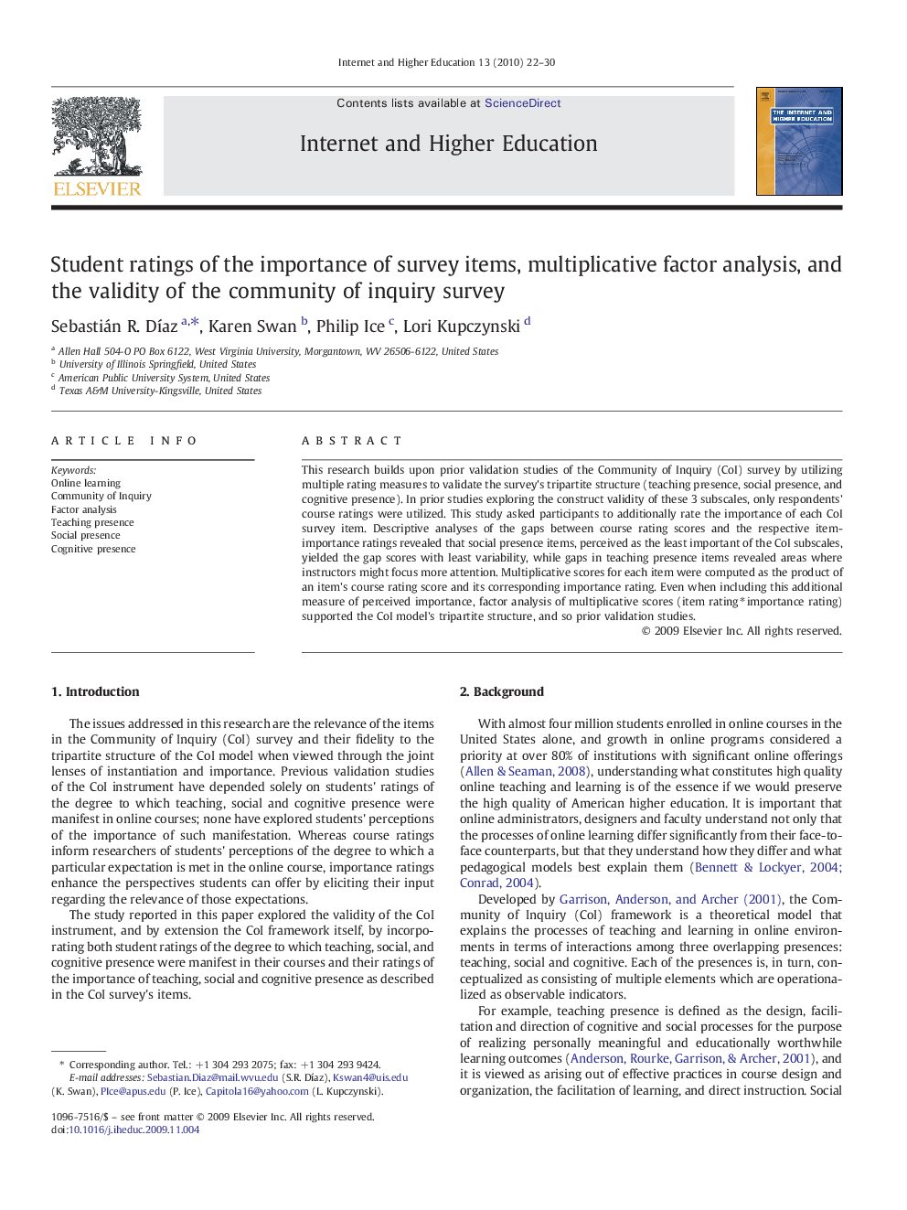 Student ratings of the importance of survey items, multiplicative factor analysis, and the validity of the community of inquiry survey