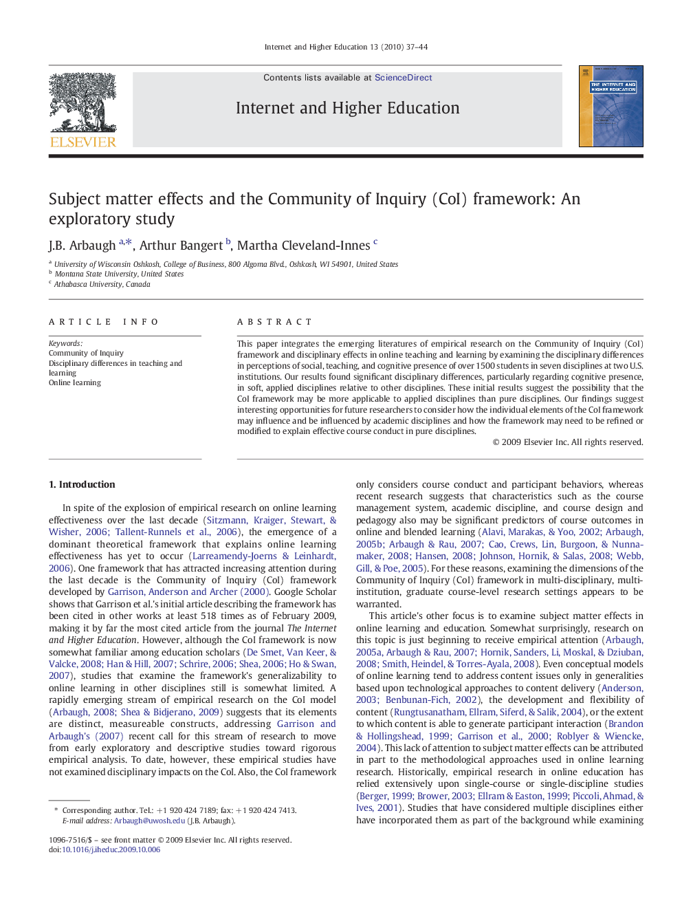 Subject matter effects and the Community of Inquiry (CoI) framework: An exploratory study