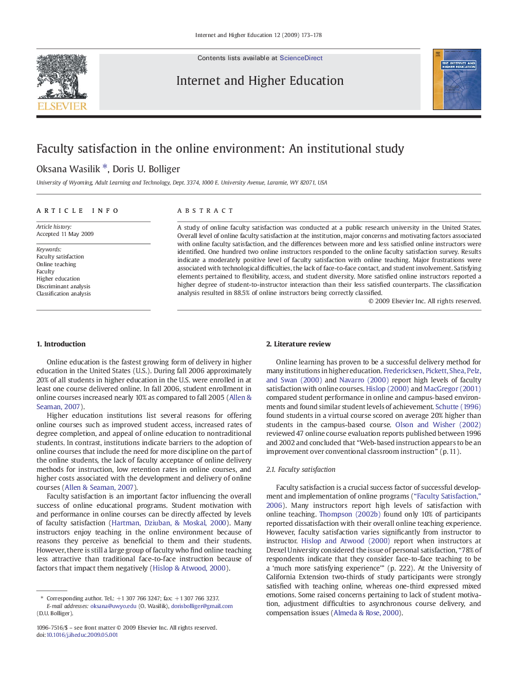 Faculty satisfaction in the online environment: An institutional study