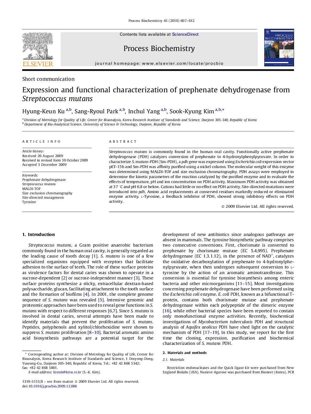 Expression and functional characterization of prephenate dehydrogenase from Streptococcus mutans