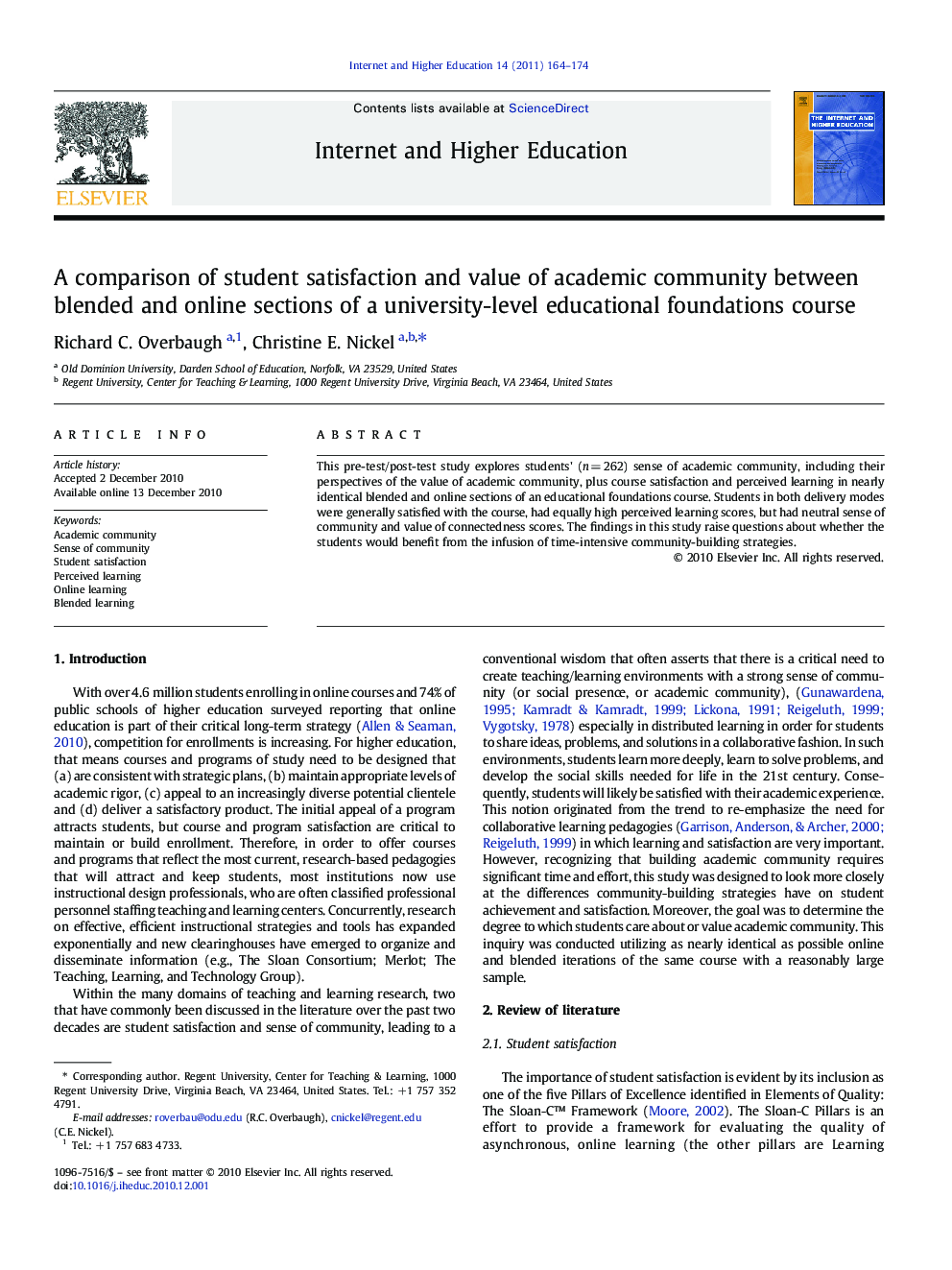 A comparison of student satisfaction and value of academic community between blended and online sections of a university-level educational foundations course