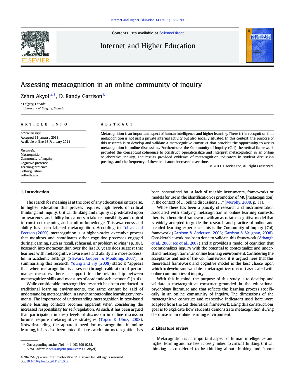 Assessing metacognition in an online community of inquiry