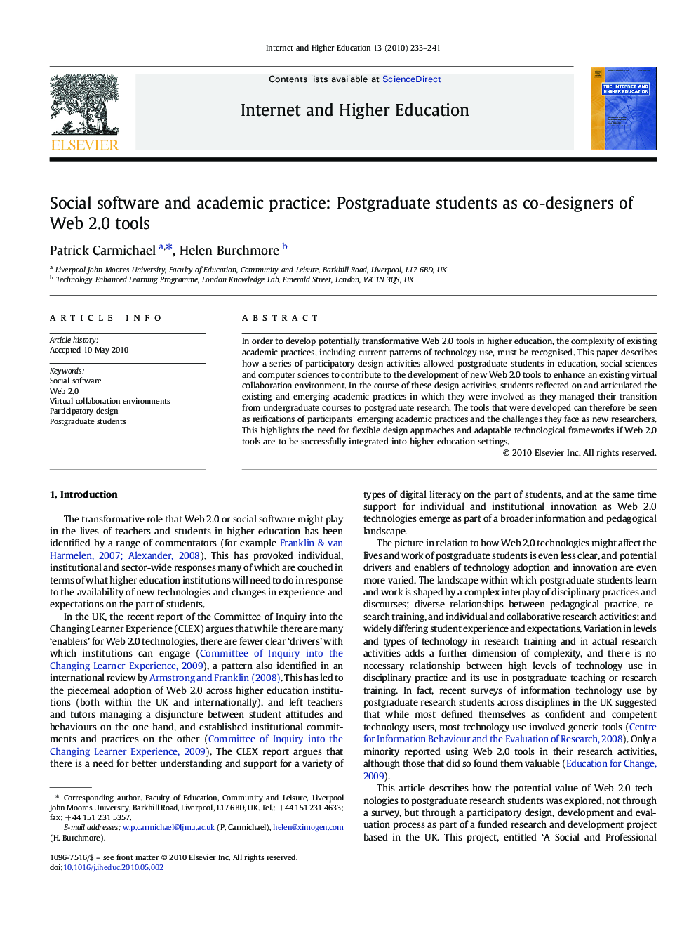 Social software and academic practice: Postgraduate students as co-designers of Web 2.0 tools