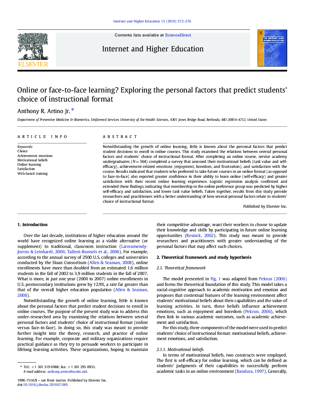 Online or face-to-face learning? Exploring the personal factors that predict students' choice of instructional format