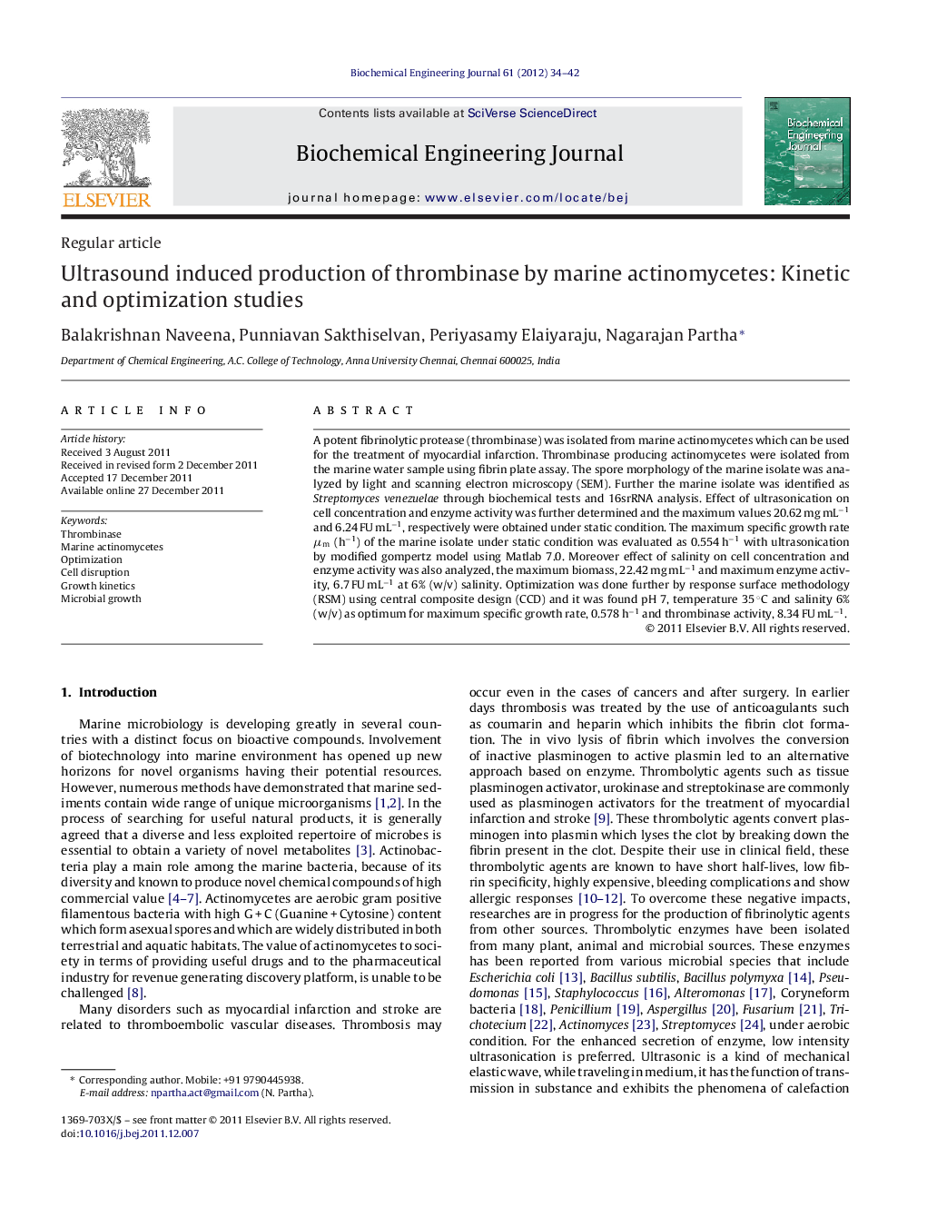 Ultrasound induced production of thrombinase by marine actinomycetes: Kinetic and optimization studies