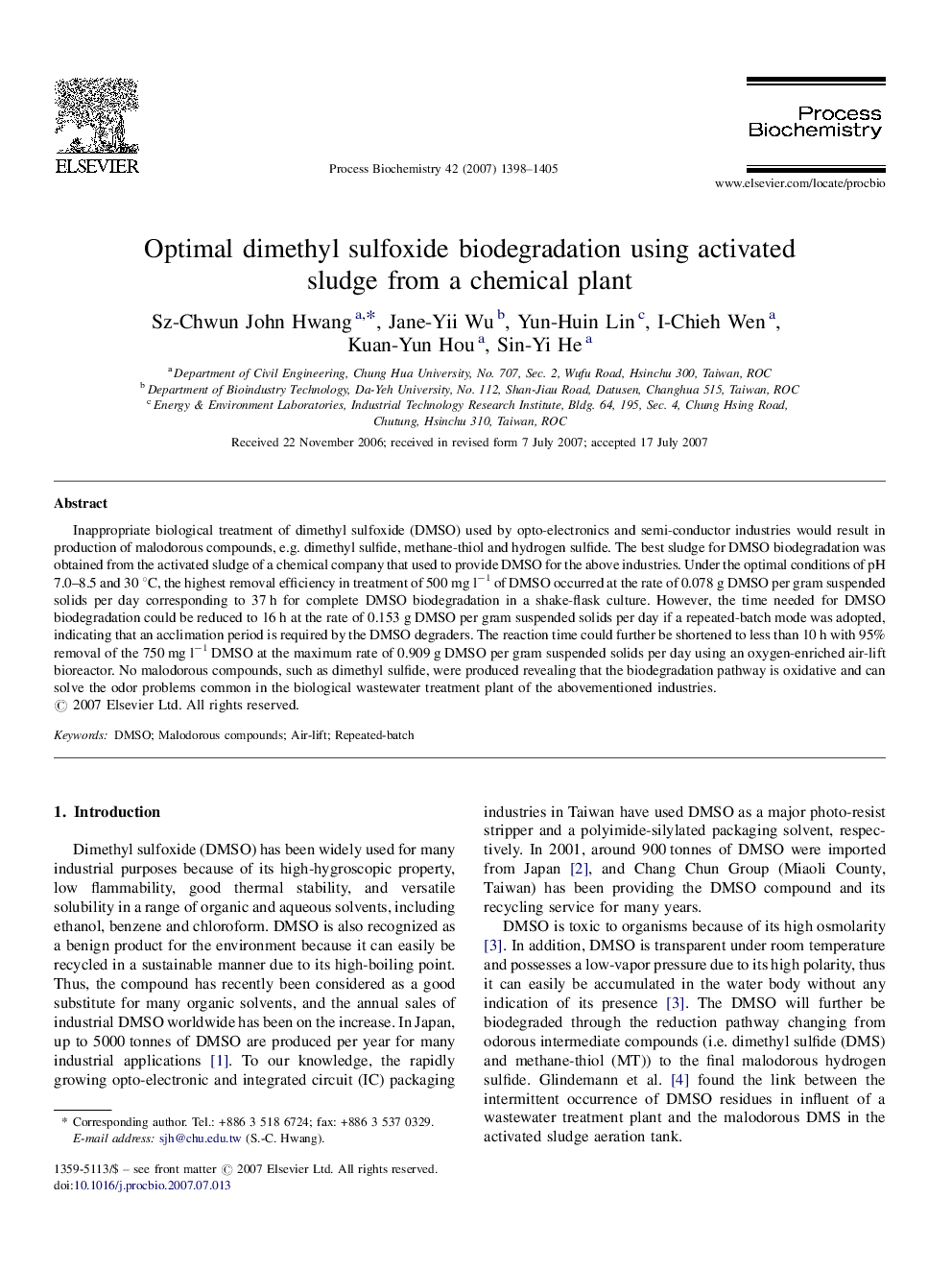 Optimal dimethyl sulfoxide biodegradation using activated sludge from a chemical plant