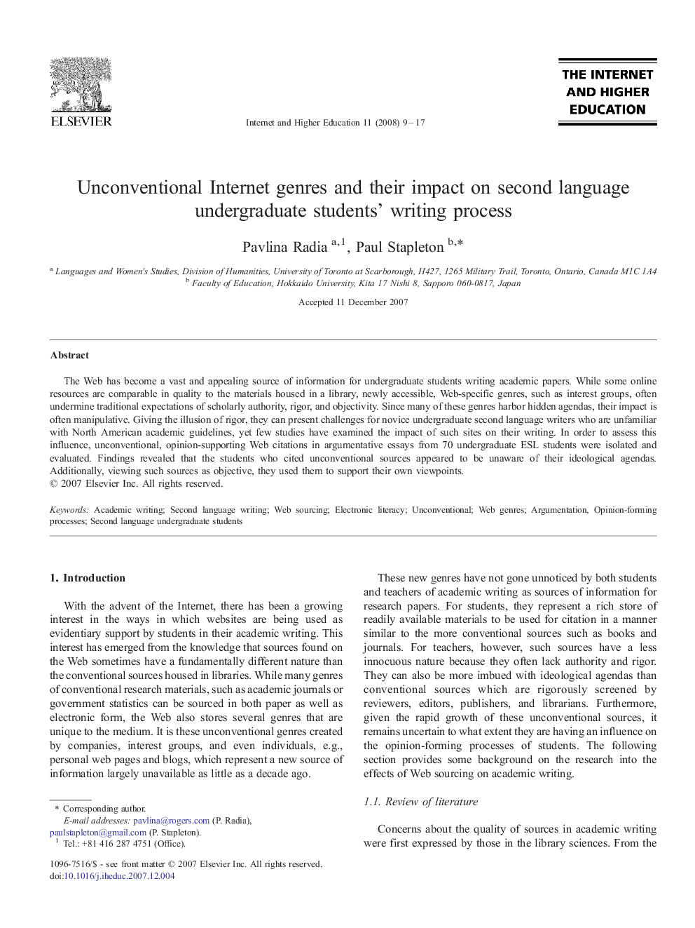 Unconventional Internet genres and their impact on second language undergraduate students' writing process