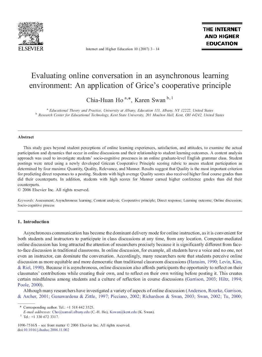 Evaluating online conversation in an asynchronous learning environment: An application of Grice's cooperative principle