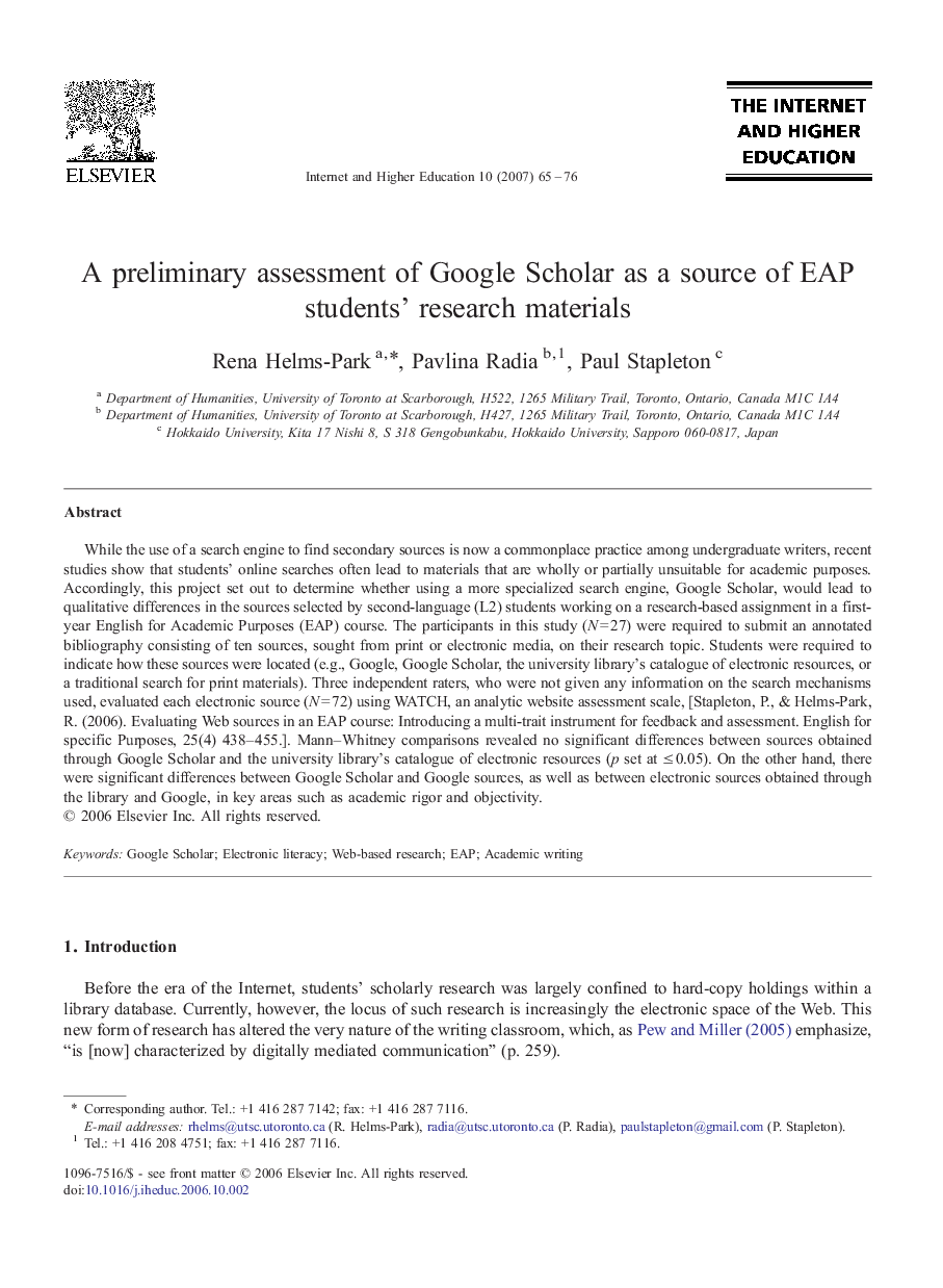 A preliminary assessment of Google Scholar as a source of EAP students' research materials