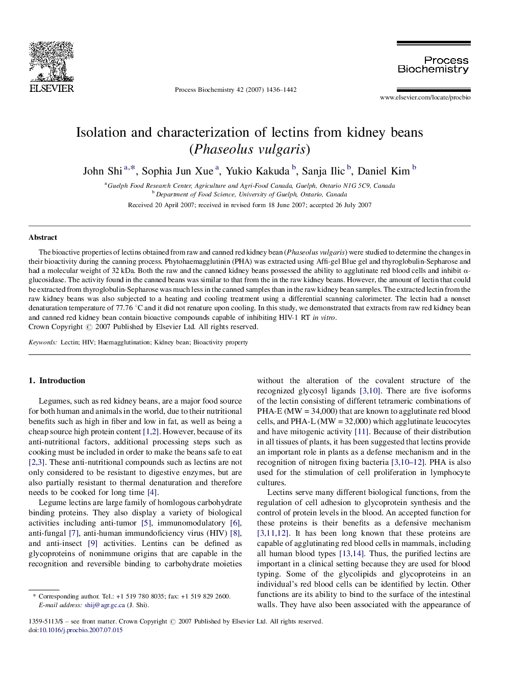 Isolation and characterization of lectins from kidney beans (Phaseolus vulgaris)