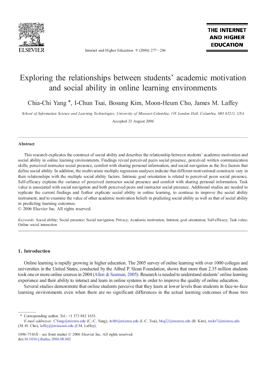 Exploring the relationships between students' academic motivation and social ability in online learning environments