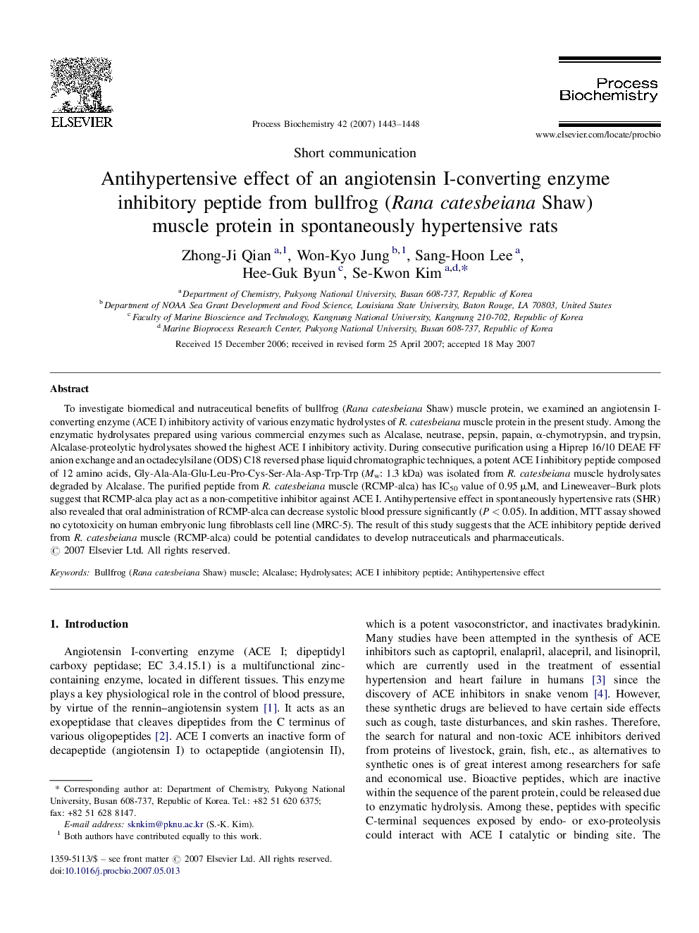 Antihypertensive effect of an angiotensin I-converting enzyme inhibitory peptide from bullfrog (Rana catesbeiana Shaw) muscle protein in spontaneously hypertensive rats