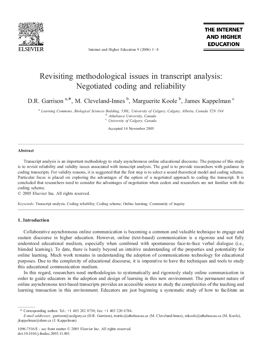 Revisiting methodological issues in transcript analysis: Negotiated coding and reliability