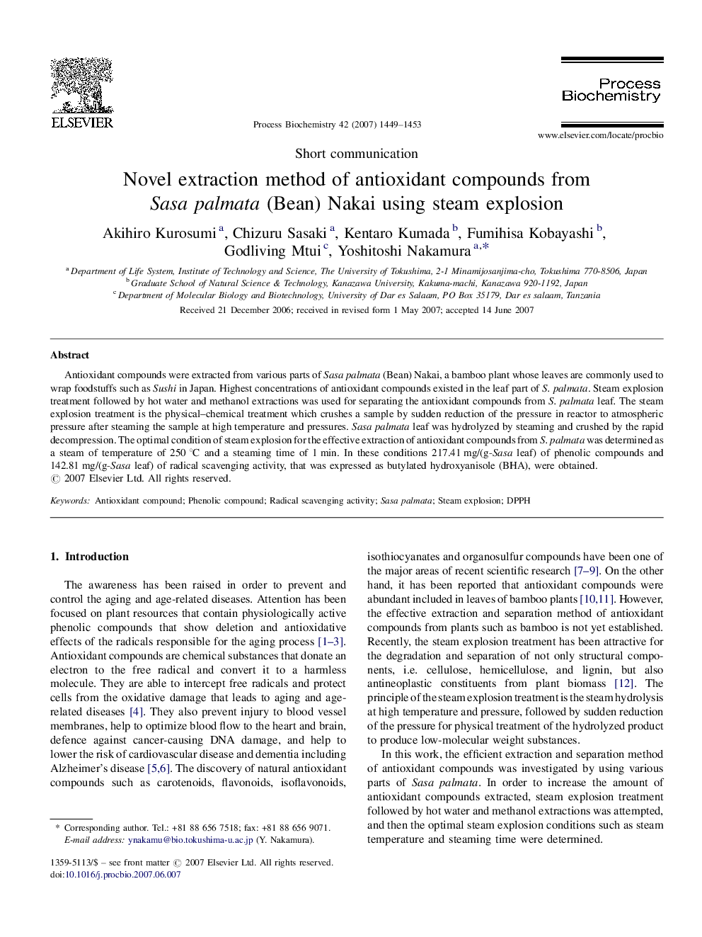 Novel extraction method of antioxidant compounds from Sasa palmata (Bean) Nakai using steam explosion