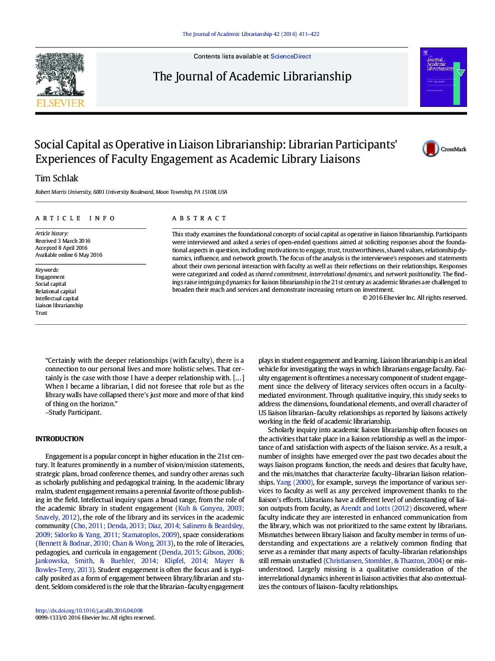 Social Capital as Operative in Liaison Librarianship: Librarian Participants' Experiences of Faculty Engagement as Academic Library Liaisons